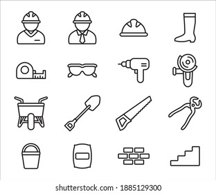 Simple Set of construction job and worker Related Vector icon user interface graphic design. Contains such Icons as construction worker avatar, measure tape, goggle, driller, cutter machine, barrow