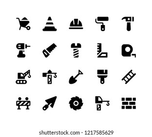 Simple Set of Construction Related Vector Glyph Icons. Contains such Icons as barrow, helmet, hammer, drill, saw and More. pixel perfect vector icons based on 32px grid. Well Organized