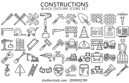 Simple Set of Construction Related Vector black outline Icons. include shovel, roller, paint and others. Used for modern concepts, web, UI, UX kit and applications. EPS 10 ready to convert to SVG.