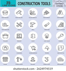 Simple Set of Construction tools Related Vector Line Icons. Outline Symbol Collection. Pixel Perfect Design