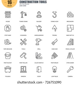 Simple Set of Construction Tools Related Vector Line Icons. Contains such Icons as Tower Crane, Builder, Brickwork, Drill, Hand Saw, Stepladder and more. Editable Stroke. 48x48 Pixel Perfect.