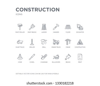 simple set of construction vector line icons. contains such icons as print, brush, bulldozer, chainsaw, chisel, cone, construction, crane, crane truck and more. editable pixel perfect.