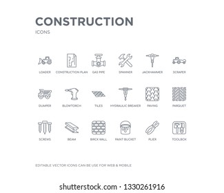 simple set of construction vector line icons. contains such icons as toolbox, plier, paint bucket, birck wall, beam, screws, parquet, paving, hydraulic breaker and more. editable pixel perfect.