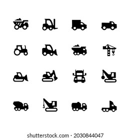 Simple Set of Construction Vehicles Related Vector Icons. Contains such icons as crane, truck, tractor and more.