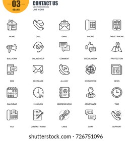 Simple Set of Contact Us Related Vector Line Icons. Contains such Icons as Phone, Tablet, Bullhorn, Address Book, Contact Form, Calendar and more. Editable Stroke. 48x48 Pixel Perfect.