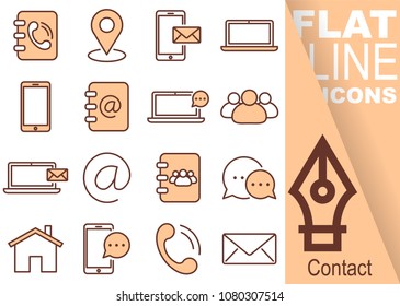 Simple Set of contact vector flat line red Icons - directory, map, sms, notebook, smartphone, phonebook, mail, people, interview, home, handset, envelope