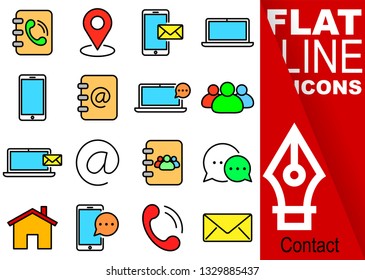 Simple Set of contact vector flat line color Icons - directory, map, sms, notebook, smartphone, phonebook, mail, people, interview, home, handset, envelope