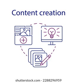 Conjunto simple de creación de contenido. Icono de concepto de CMS. Escritura creativa y copywriter. Sistema de administración de contenido empresarial. Símbolo de web y teléfono móvil sobre fondo blanco. Vector