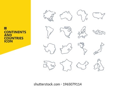 Simple Set Of Continents And Country Icons. Contains All Continents In The World, Some Islands Countries, And More. Outline Icon Set.