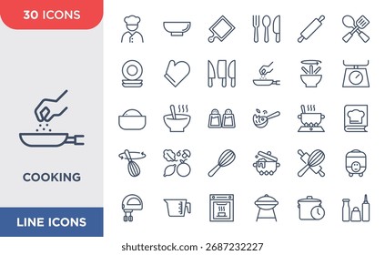 Conjunto simples de ícone de cozinha. Contém ícones como colher, placa, garfo, fogão, placa. Traçados editáveis