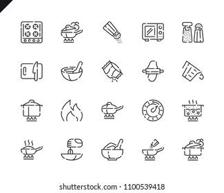 Simple Set Cooking Line Icons for Website and Mobile Apps. Contains such Icons as Food, Boiling, Flavoring, Saucepan, Bake, Blending. 48x48 Pixel Perfect. Vector illustration.