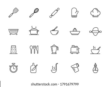 Simple Set of Cooking Related Vector Line Icons. Contains such Icons as Kitchen Utensils, Boiling and Frying Time, Cookbook and more. Editable Stroke. 