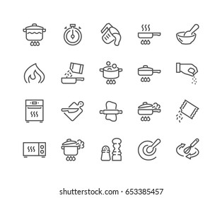 Simple Set of Cooking Related Vector Line Icons. 
Contains such Icons as Frying Pan, Boiling, Flavoring, Blending and more.
Editable Stroke. 48x48 Pixel Perfect.