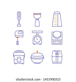 Simple Set of Cooking Tool icons. Contains icons as mixer, vegetable peeler, cheese grater, scale, rice pot and more.