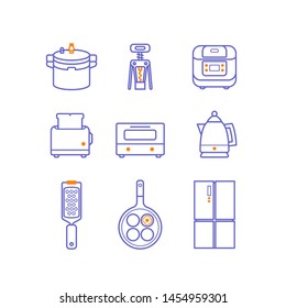 Simple Set of Cooking Tool icons. Contains icons as rice pot, wine opener, toaster, oven, cheese grater, frying pan, refrigerator and more.