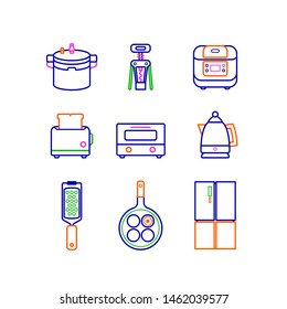 Simple Set of Cooking Tool icons. Contains icons as rice pot, wine opener, toaster, oven, cheese grater, frying pan, refrigerator and more.