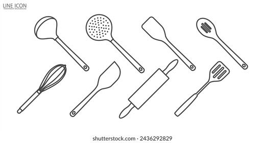 Simple set of cooking tools icons, Kitchen utensils vector, Cooking Foods and Kitchen icons set in line style. vector illustration in transparent background.