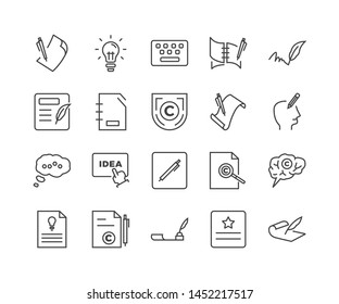 Simple Set of Copyrighting Related Vector Line Icons. Contains such Icons as Typing Machine, Signature, Creative Process and more.