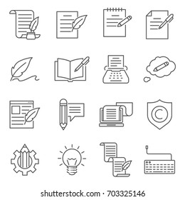 Conjunto simple de iconos de línea de vectores relacionados con la escritura de copias. Contiene íconos como máquina de escribir, escritor, artículos, blogueo, derechos de autor y más.        