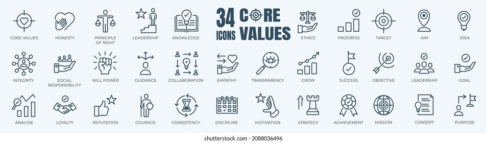 Einfache Set von Core Values, Goals und Ziel verwandten Vektorgrafiken. Enthält Thin Icons wie Achievement, Aim, Motivation und mehr. Bearbeitbarer Stroke. 48 x 48 Pixel perfekt