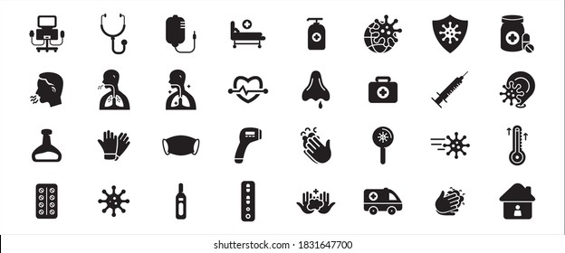 Simple Set Of Corona Virus And Virology Related Vector Icon Graphic Design Template. Contains Such Icons As Corona Virus, Respirator Machine, Infusion, Medical Bed, Pneumonia And Respiratory Mask