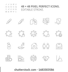 Simple conjunto de iconos web de la línea portadora de enfermedades infecciosas Coronavirus COVID-19. Contiene iconos tales como coronavirus, virus, COVID-19, bloqueo, tos, pulmones y más. Trazo editable. 48x48 Pixel Perfecto.
