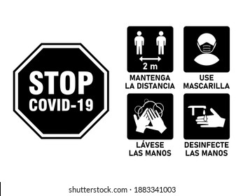 Simple Conjunto de Iconos de Instrucción Coronavirus Covid-19 en español, incluyendo Mantener Distancia 2 m o 2 m, Usar una máscara facial, Lavar las manos y Sanitizar las manos. Imagen vectorial.
