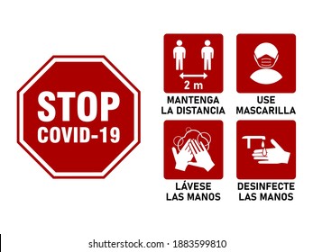 Simple Set of Coronavirus Covid-19 Instruction Icons in Spanish, including Keep Distance 2 m or 2 Metres, Wear a Face Mask, Wash Your Hands and Sanitize Your Hands. Vector Image.