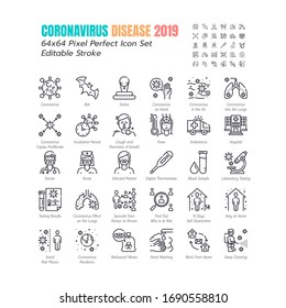 Simple Set of Coronavirus Disease 2019 Covid-19 Line Icons. such Icons as Symptoms, Infection, Laboratory Testing, Social Distancing, Stay Home, Quarantine. 64x64 Pixel Perfect Editable Stroke. Vector