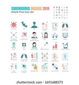 Simple Set of Coronavirus Disease 2019 Covid-19 Flat Icons. such Icons as Symptoms, Infection, Laboratory Testing, Social Distancing, Stay Home, Quarantine. Positive Test Result. 64x64 Pixel. Vector