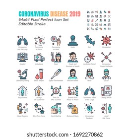 Simple Set of Coronavirus Disease 2019 Covid-19 Filled Outline Icons. such Icons as Symptoms, Infection,Testing, Social Distancing, Stay Home, Quarantine. 64x64 Pixel Perfect Editable Stroke. Vector