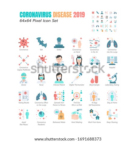 Simple Set of Coronavirus Disease 2019 Covid-19 Flat Icons. such Icons as Symptoms, Infection, Laboratory Testing, Social Distancing, Stay Home, Quarantine. Positive Test Result. 64x64 Pixel. Vector
