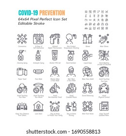 Simple Set of Coronavirus Prevention COVID-19 Line Icons. such Icons as Gloves, Mask, Social Distancing, Stay Home, Quarantine, Avoid Close Contact 64x64 Pixel Perfect Editable Stroke. Vector.