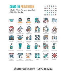 Simple Set of Coronavirus Prevention COVID-19 Filled Line Icons. such Icons as Gloves, Mask, Social Distancing, Stay Home, Quarantine, Avoid Close Contact 64x64 Pixel Perfect Editable Stroke. Vector.