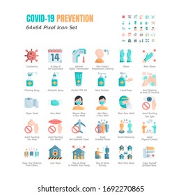 Simple Set of Coronavirus Prevention COVID-19 Flat Icons. such Icons as Gloves, Mask, Social Distancing, Stay Home, Quarantine, Avoid Close Contact, Work From Home, Paper Towel. 64x64 Pixel. Vector.