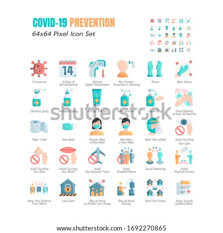 Simple Set of Coronavirus Prevention COVID-19 Flat Icons. such Icons as Gloves, Mask, Social Distancing, Stay Home, Quarantine, Avoid Close Contact, Work From Home, Paper Towel. 64x64 Pixel. Vector.