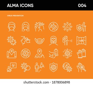Simple Set of Coronavirus Prevention Related Vector Line Icons. Contains such Icons as Outbreak Map, Contagious Virus, Surface Disinfection, Safety Measures and more. 64x64 Pixel Perfect.