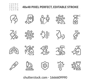 Einfache Set von Vektorillustration-Symbolen zum Schutz von Coronavirus. 
Enthält solche Symbole wie Schutzmaßnahmen, Symptome des Coronavirus, Inkubationszeit und mehr. Bearbeitbarer Stroke. 48x48 Pixel perfekt.