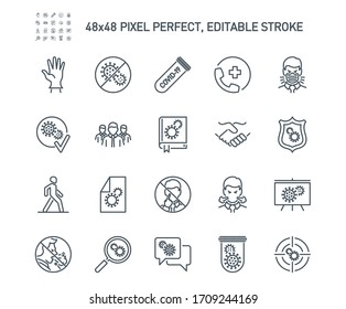 Simple Set of Coronavirus Protection Related Vector Line Icons. Contains such Icons as Protective Measures, Coronavirus Symptoms, Incubation Period and more. Editable Stroke. 48x48 Pixel Perfect.
