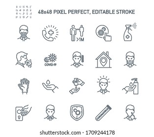 Simple Set of Coronavirus Protection Related Vector Line Icons. Contains such Icons as Protective Measures, Coronavirus Symptoms, Incubation Period and more. Editable Stroke. 48x48 Pixel Perfect.