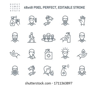 Simple Set of Coronavirus Protection Related Vector Line Icons. Contains such Icons as Protective Measures, Coronavirus Symptoms, Incubation Period and more. Editable Stroke. 48x48 Pixel Perfect.