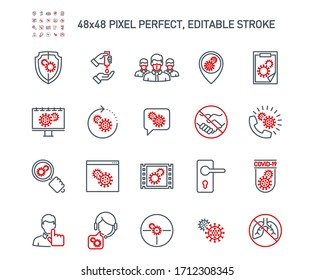 Simple Set of Coronavirus Protection Related Vector Line Icons. Contains such Icons as Protective Measures, Coronavirus Symptoms, Incubation Period and more. Editable Stroke. 48x48 Pixel Perfect.