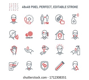 Simple Set of Coronavirus Protection Related Vector Line Icons. Contains such Icons as Protective Measures, Coronavirus Symptoms, Incubation Period and more. Editable Stroke. 48x48 Pixel Perfect.