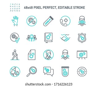 Simple Set of Coronavirus Protection Related Vector Line Icons. Contains such Icons as Protective Measures, Coronavirus Symptoms, Incubation Period and more. Editable Stroke. 48x48 Pixel Perfect.