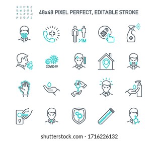 Simple Set of Coronavirus Protection Related Vector Line Icons. Contains such Icons as Protective Measures, Coronavirus Symptoms, Incubation Period and more. Editable Stroke. 48x48 Pixel Perfect.