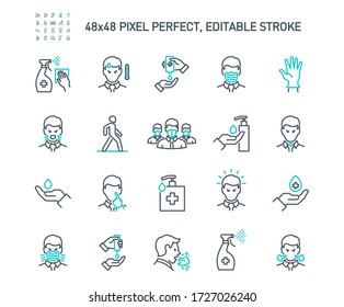 Simple Set of Coronavirus Protection Related Vector Line Icons. Contains such Icons as Protective Measures, Coronavirus Symptoms, Incubation Period and more. Editable Stroke. 48x48 Pixel Perfect.