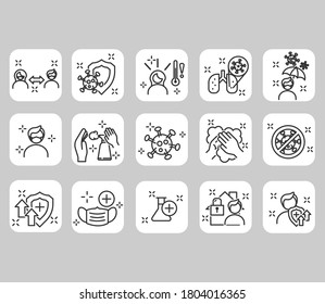 Simple Set of Coronavirus Protection Related Vector Line Icons. Contains such Icons as Washing Hands, Outbreak Map, Man and Woman Wearing Face Mask and more.