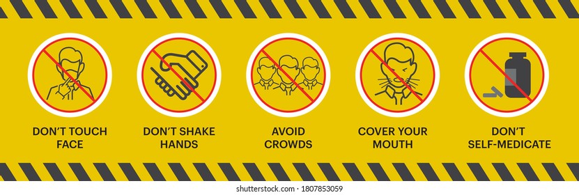 Simple Set of Coronavirus Protection Related Vector Line Icons. Signs and symptoms, Prevention, prohibited actions Coronavirus line icons isolated on yellow. Perfect outline symbols Covid 19 banner.