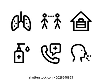 Simple Set Of Coronavirus Related Vector Line Icons. Contains Icons As Lungs Infection, Physical Distancing, Work From Home, Cough And More.