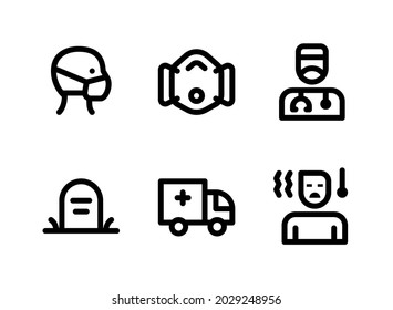 Conjunto simple de iconos de línea de vectores relacionados con Coronavirus. Contiene íconos como Máscara de Vestir, Doctor, Gravestone, Ambulancia y más.